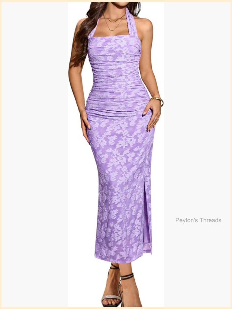 Halter Bodycon Backless Maxi Ruched 3d Floral Cocktail Party Dress